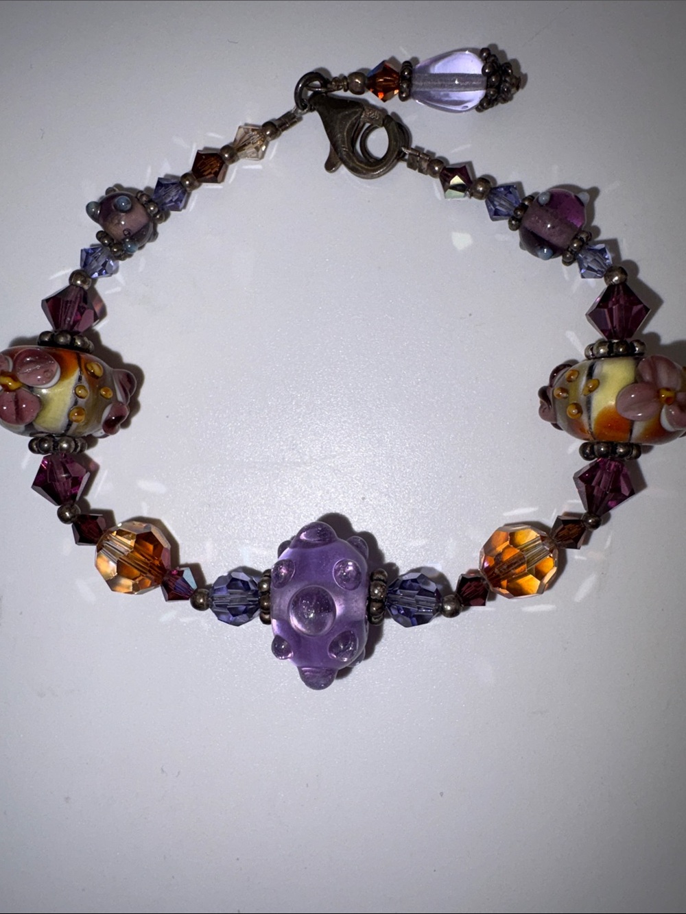 Unique Purple & Amber Glass Bead Bracelet - with sterling silver